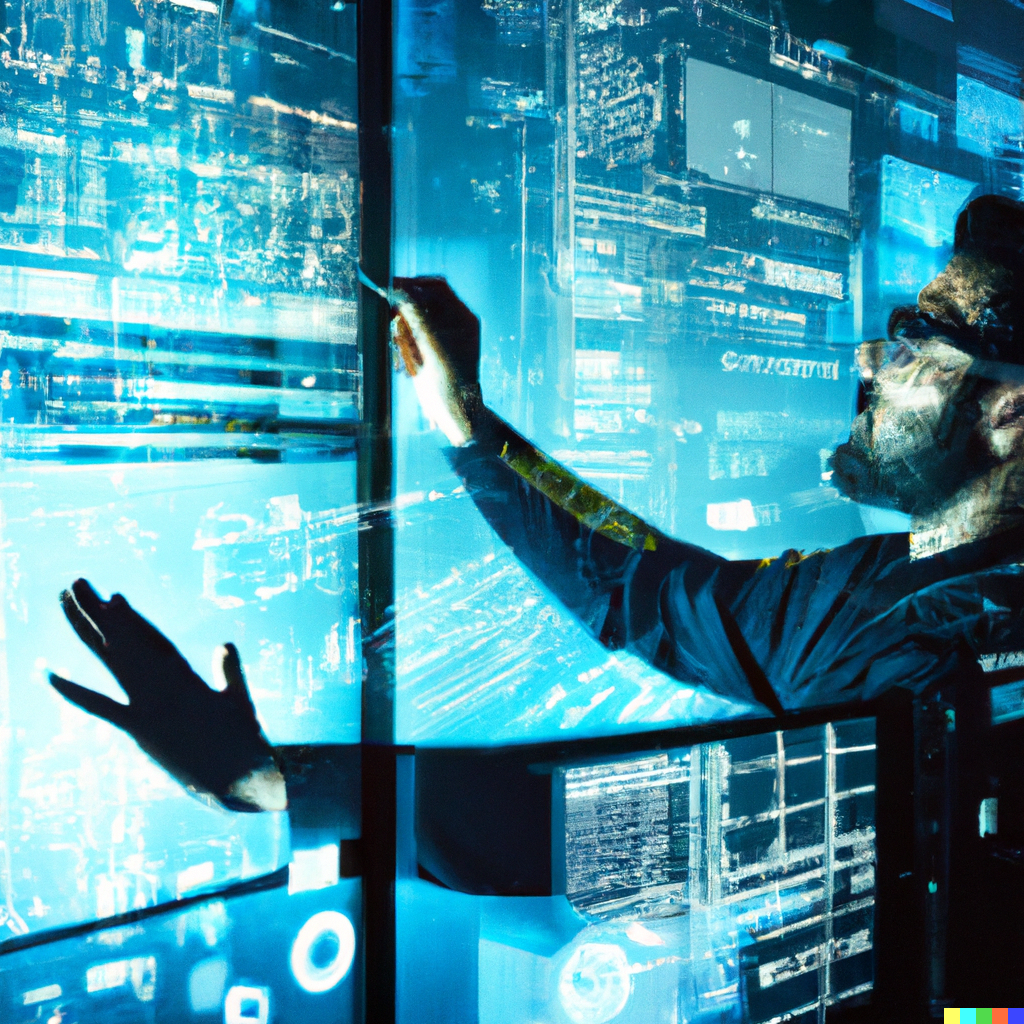 “A data scientist analysing and developing visualizations for large amounts of data, sci-fi digital art”